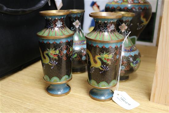 A Chinese cloisonne shallow bowl decorated with dragons and six similar vases, Dia 19.5cm